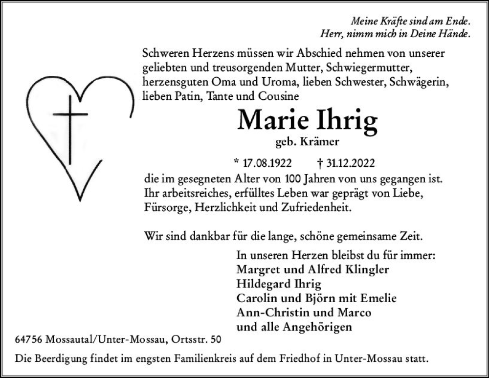  Traueranzeige für Marie Ihrig vom 07.01.2023 aus vrm-trauer Odenwälder Echo