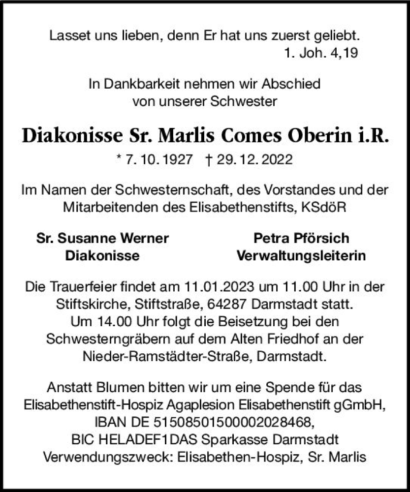  Traueranzeige für Marlies Comes vom 04.01.2023 aus vrm-trauer Darmstädter Echo