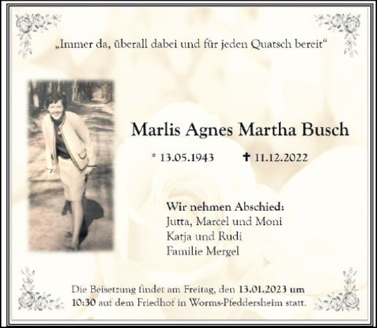 Traueranzeige von Marlis Agnes Martha Busch von vrm-trauer Wormser Zeitung