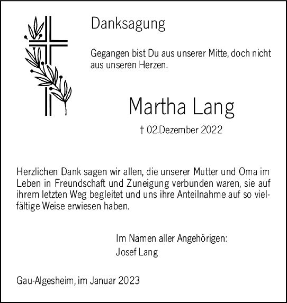  Traueranzeige für Martha Lang vom 07.01.2023 aus vrm-trauer Allgemeine  Zeitung Ingelheim-Bingen