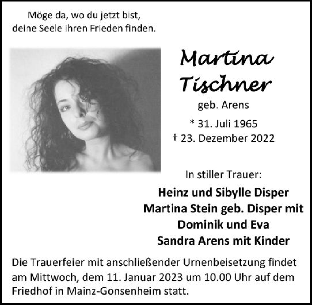  Traueranzeige für Martina Tischner vom 07.01.2023 aus vrm-trauer AZ Mainz