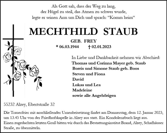 Traueranzeige von Mechthild Staub von vrm-trauer Allgemeine Zeitung Alzey