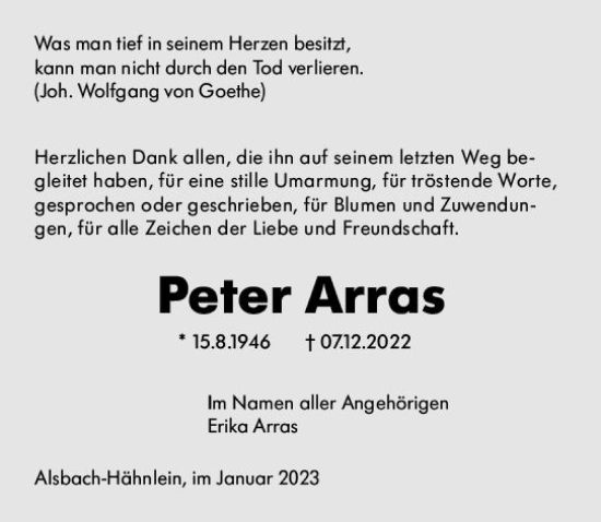 Traueranzeige von Peter Arras von vrm-trauer Darmstädter Echo