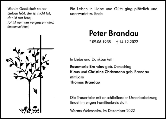Traueranzeige von Peter Brandau von vrm-trauer Wormser Zeitung