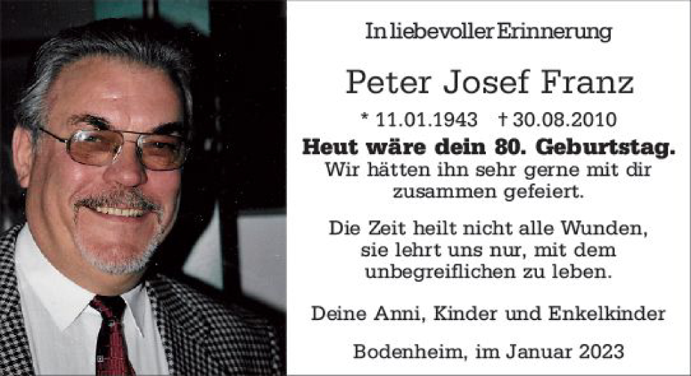  Traueranzeige für Peter Josef Franz vom 11.01.2023 aus vrm-trauer AZ Mainz