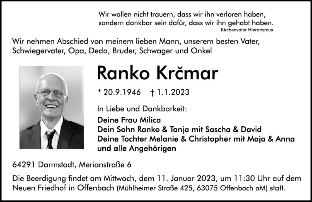  Traueranzeige für Ranko Krcmar vom 07.01.2023 aus vrm-trauer Darmstädter Echo