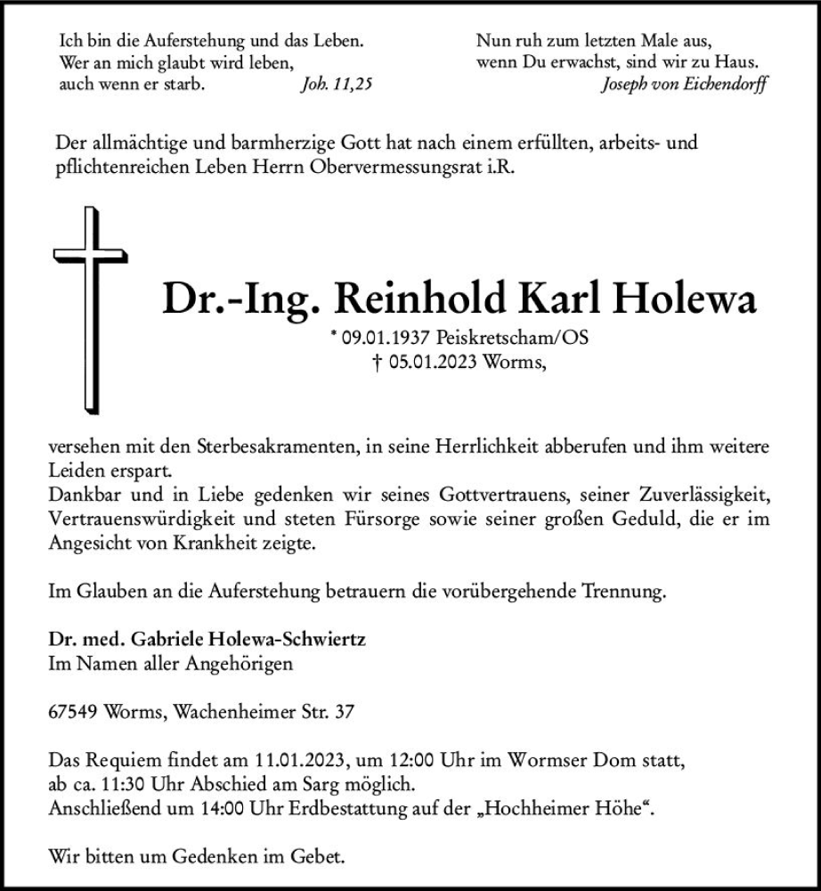  Traueranzeige für Reinhold Karl Holewa vom 10.01.2023 aus vrm-trauer Wormser Zeitung