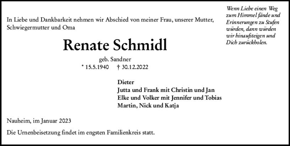  Traueranzeige für Renate Schmidl vom 07.01.2023 aus vrm-trauer Rüsselsheimer Echo / MainSpitze