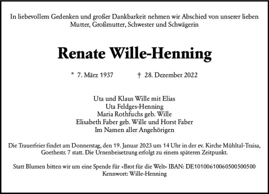 Traueranzeige von Renate Wille-Henning von vrm-trauer Darmstädter Echo