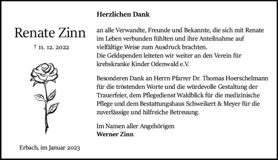 Traueranzeige von Renate Zinn von vrm-trauer Odenwälder Echo