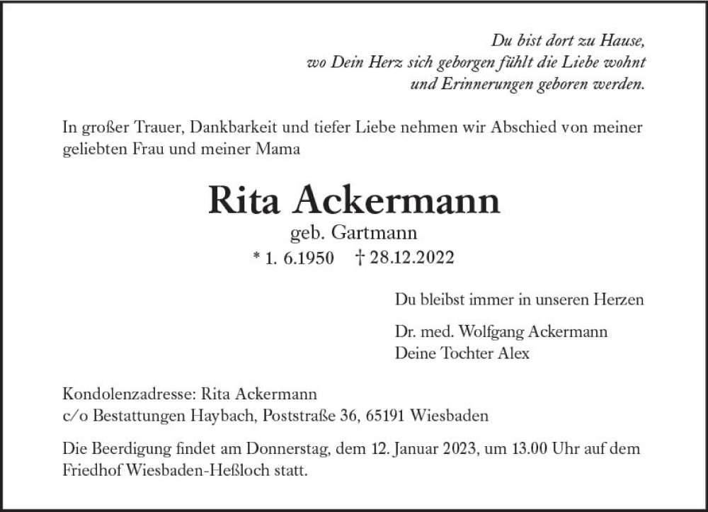  Traueranzeige für Rita Ackermann vom 07.01.2023 aus vrm-trauer Wiesbadener Kurier