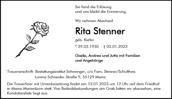 Traueranzeige von Rita Stenner von vrm-trauer AZ Mainz