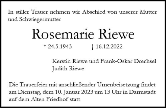 Traueranzeige von Rosemarie Riewe von vrm-trauer Darmstädter Echo