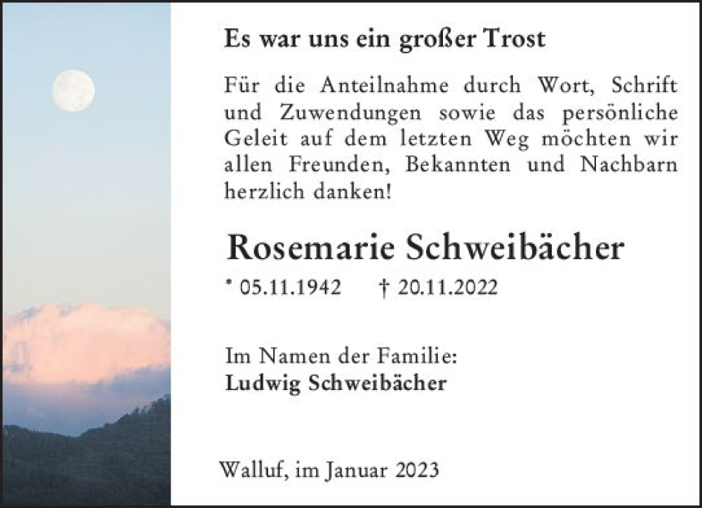  Traueranzeige für Rosemarie Schweibächer vom 06.01.2023 aus vrm-trauer Wiesbadener Kurier