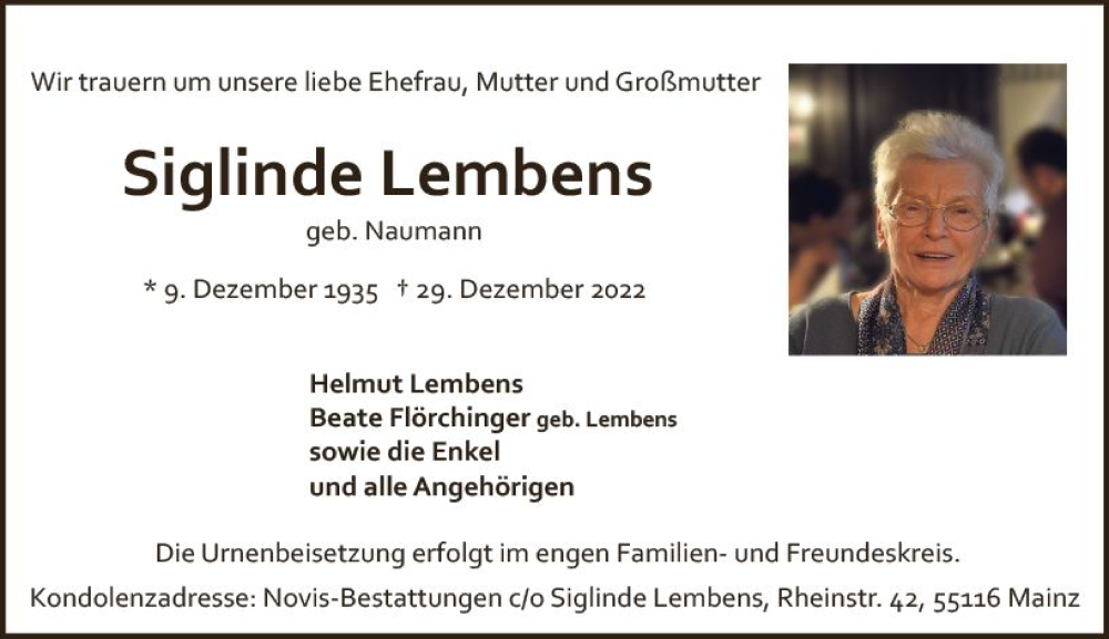  Traueranzeige für Siglinde Lembens vom 07.01.2023 aus vrm-trauer AZ Mainz