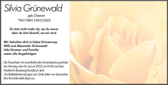 Traueranzeige von Silvia Grunewald von vrm-trauer Odenwälder Echo