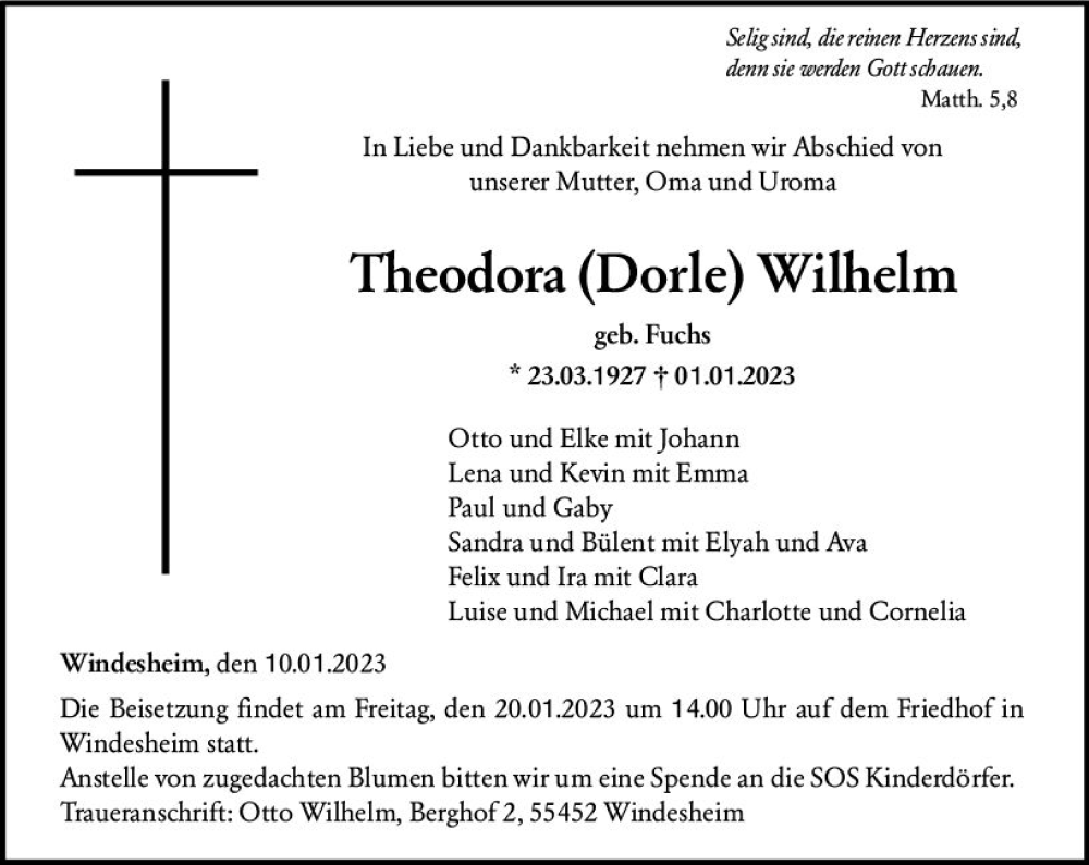 Traueranzeige für Theodora Wilhelm vom 10.01.2023 aus vrm-trauer Allg. Zeitung Bad Kreuznach