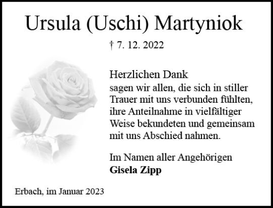 Traueranzeige von Ursula Martyniok von vrm-trauer Odenwälder Echo