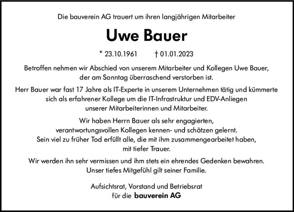  Traueranzeige für Uwe Bauer vom 07.01.2023 aus vrm-trauer Darmstädter Echo