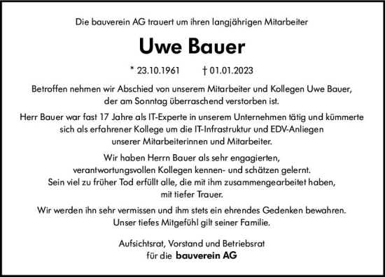 Traueranzeige von Uwe Bauer von vrm-trauer Darmstädter Echo