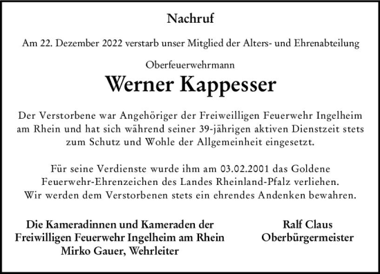 Traueranzeige von Werner Kappesser von vrm-trauer Allgemeine  Zeitung Ingelheim-Bingen