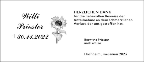 Traueranzeige von Wilhelm Priester von vrm-trauer Hochheimer Zeitung