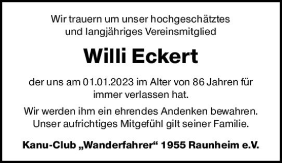 Traueranzeige von Willi Eckert von vrm-trauer Rüsselsheimer Echo / MainSpitze