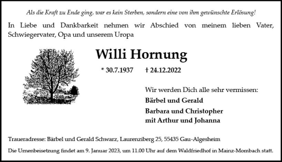 Traueranzeige von Willi Hornung von vrm-trauer AZ Mainz