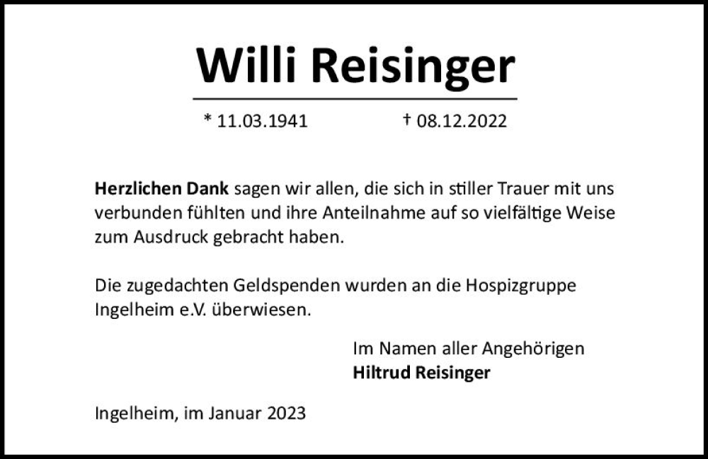  Traueranzeige für Willi Reisinger vom 07.01.2023 aus vrm-trauer Allgemeine  Zeitung Ingelheim-Bingen