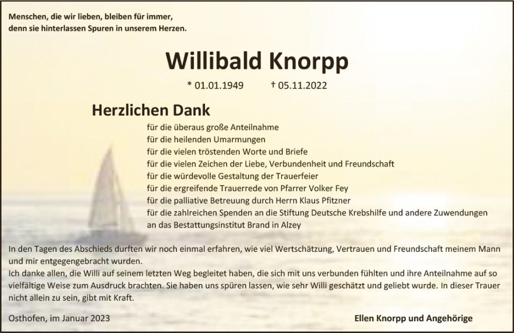  Traueranzeige für Willibald Knorpp vom 07.01.2023 aus vrm-trauer Allgemeine Zeitung Alzey