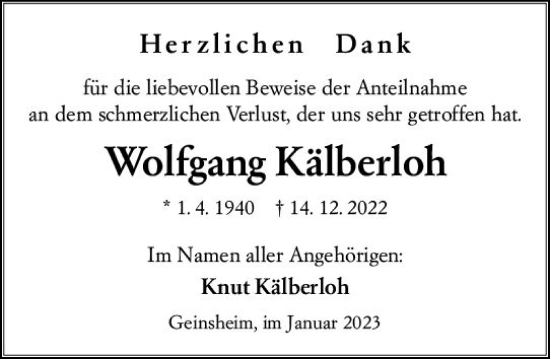 Traueranzeige von Wolfgang Kälberloh von vrm-trauer Groß-Gerauer Echo