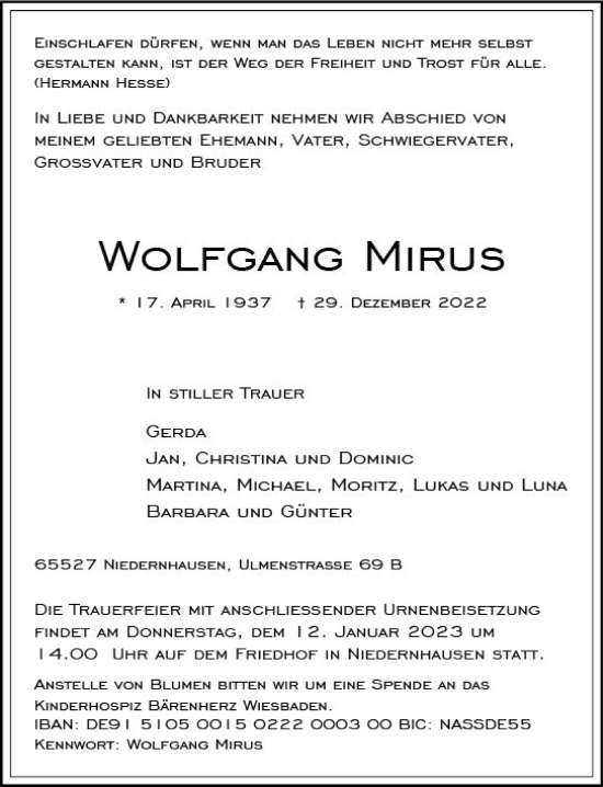Traueranzeige von Wolfgang Mirus von vrm-trauer Idstein / Untertaunus
