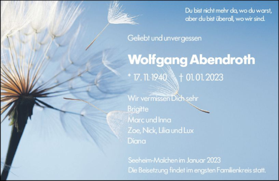 Traueranzeige von Wolfgng Abendroth von vrm-trauer Darmstädter Echo