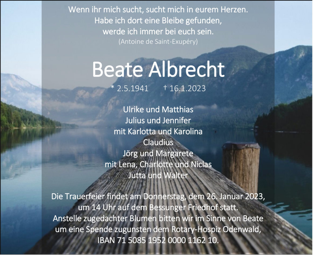  Traueranzeige für Beate Albrecht vom 22.01.2023 aus vrm-trauer AZ Mainz
