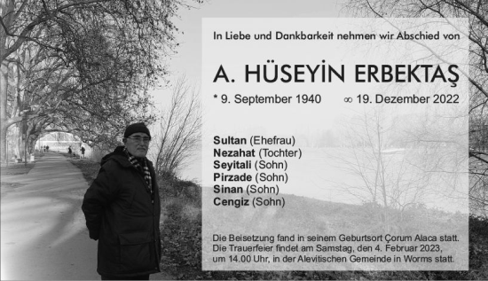 Traueranzeige von A. Hüseyin Erbektas von Wormser Zeitung