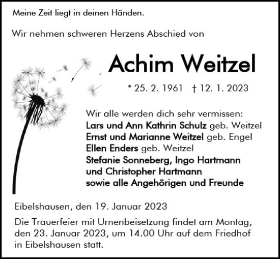 Traueranzeige von Achim Weitzel von Dill Block