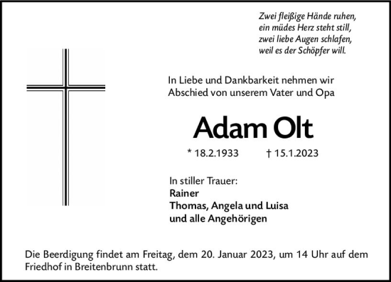 Traueranzeige von Adam Olt von Odenwälder Echo