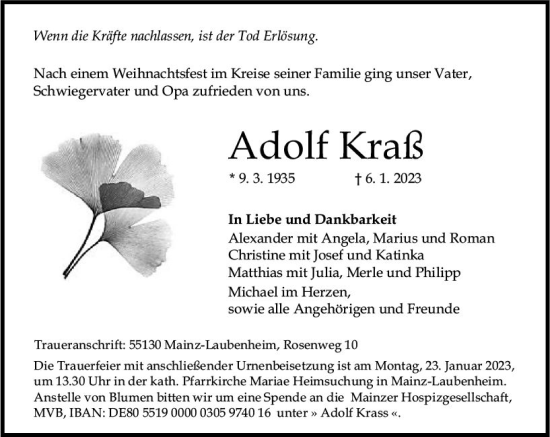 Traueranzeige von Adolf Kraß von Allgemeine Zeitung Ingelheim-Bingen