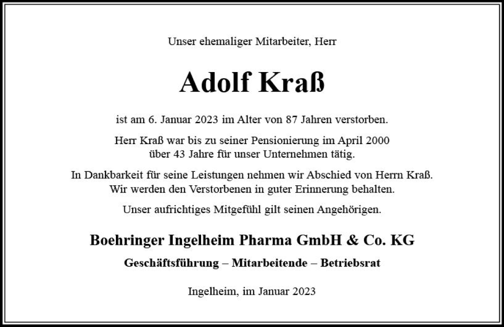  Traueranzeige für Adolf Kraß vom 26.01.2023 aus Allgemeine Zeitung Ingelheim-Bingen