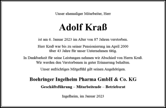 Traueranzeige von Adolf Kraß von Allgemeine Zeitung Ingelheim-Bingen