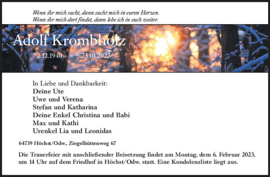 Traueranzeige von Adolf Krombholz von Odenwälder Echo