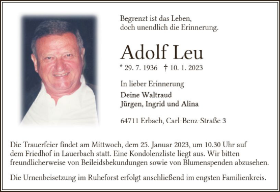 Traueranzeige von Adolf Leu von Odenwälder Echo