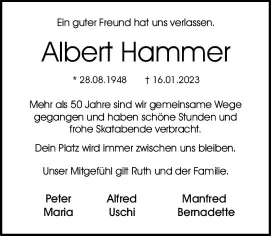 Traueranzeige von Albert Hammer von Allgemeine Zeitung Ingelheim-Bingen