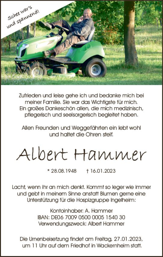 Traueranzeige von Albert Hammer von Allgemeine Zeitung Ingelheim-Bingen