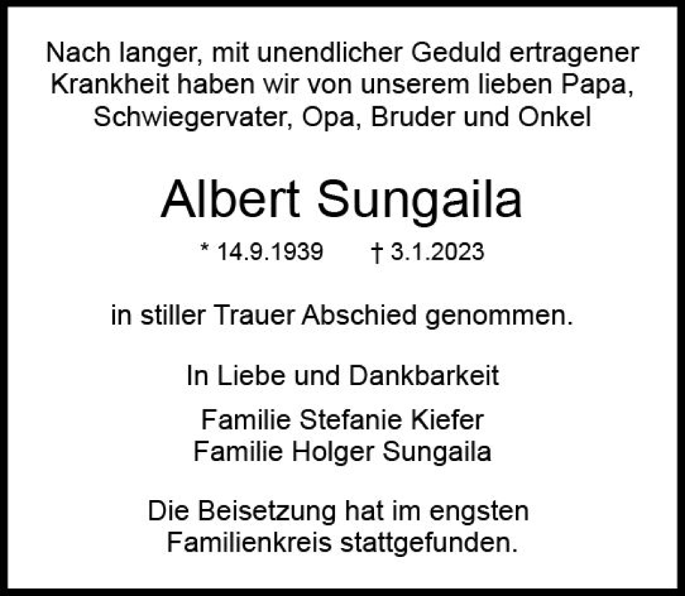  Traueranzeige für Albert Sungaila vom 21.01.2023 aus DieburgerAnzeiger/Groß-Zimmerner Lokalanzeiger