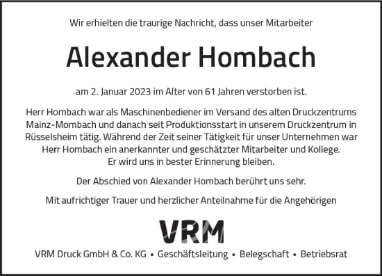 Traueranzeige von Alexander Hombach von Rüsselsheimer Echo
