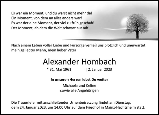 Traueranzeige von Alexander Hombach von Allgemeine Zeitung Mainz
