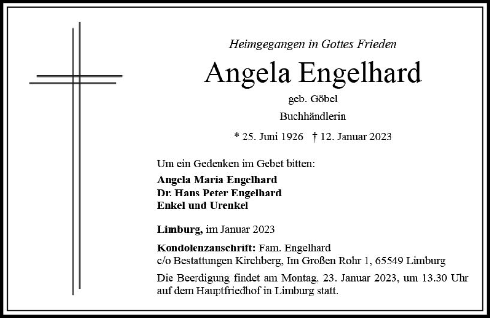  Traueranzeige für Angela Engelhard vom 18.01.2023 aus Nassauische Neue Presse
