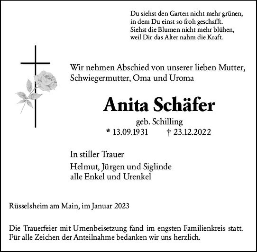  Traueranzeige für Anita Schäfer vom 14.01.2023 aus Rüsselsheimer Echo