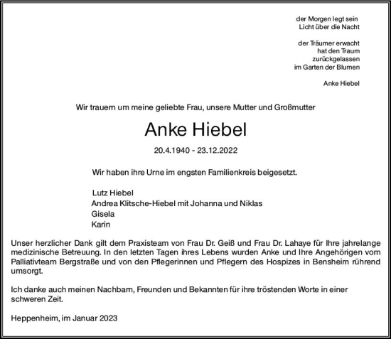 Traueranzeige von Anke Hiebel von Starkenburger Echo